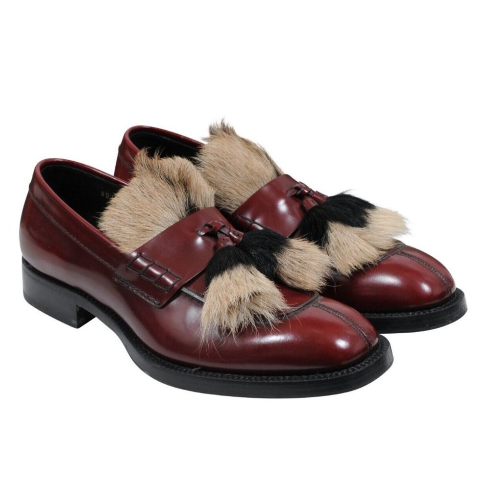 Prada Mens Goat Fur Tassel Loafers Size US 8.5 UK 7.5 Burgundy Red Leather Shoes - Picture 1 of 10